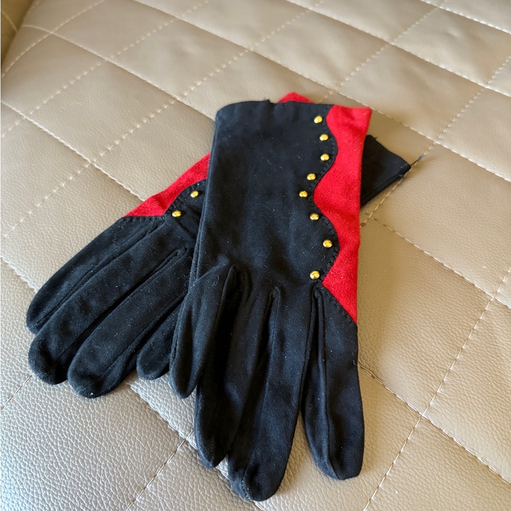 Black and Red Gloves with Gold Accents